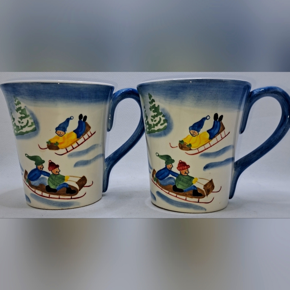 Eddie Bauer Home Since 1920 Painted Winter / Holiday Scenes Pair Of Coffee Mugs